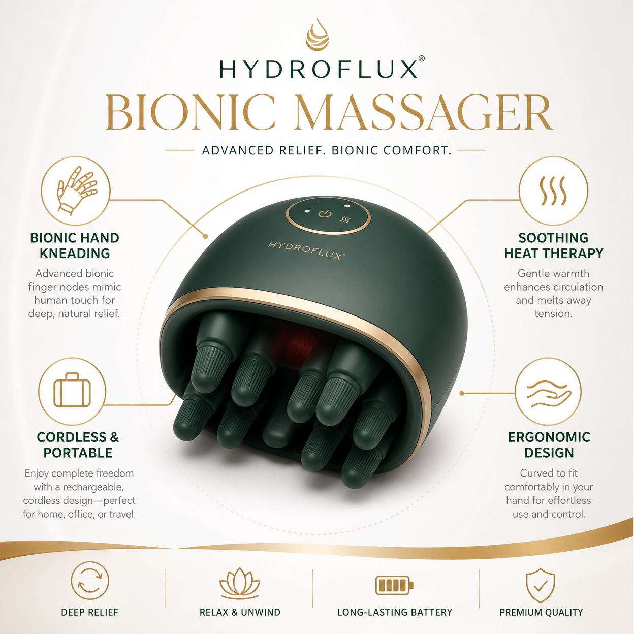 Hydroflux™ Bionic Hand Kneading Massager – 4D Deep Tissue Relief for Neck & Shoulders